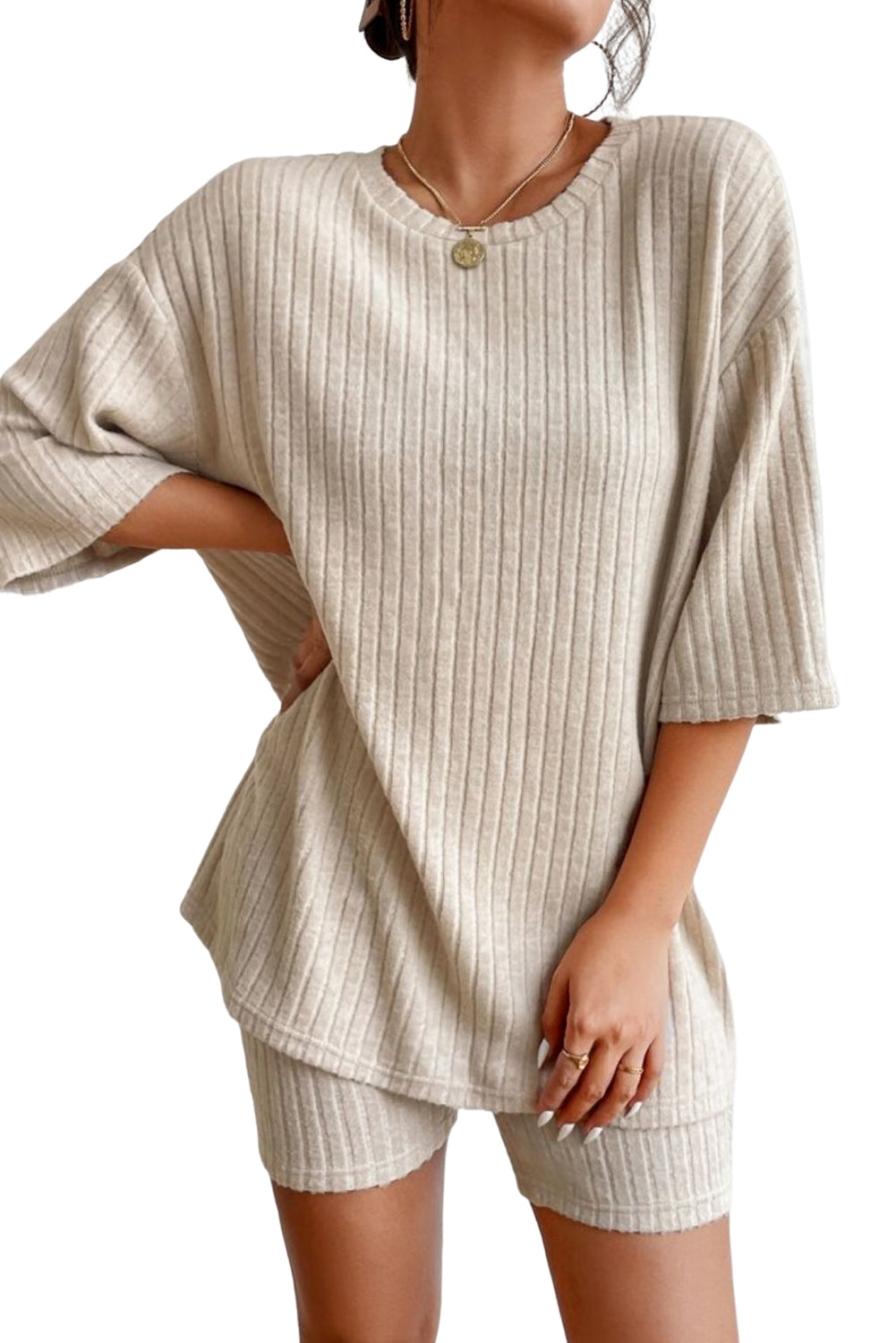 Parchment Plus Size Ribbed V Neck Pullover and Pants Set