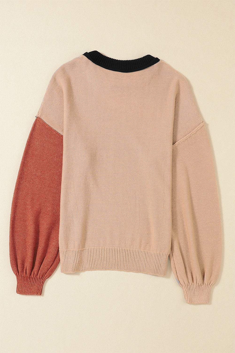 Gray Colorblock Bishop Sleeve Ribbed Trim Sweater