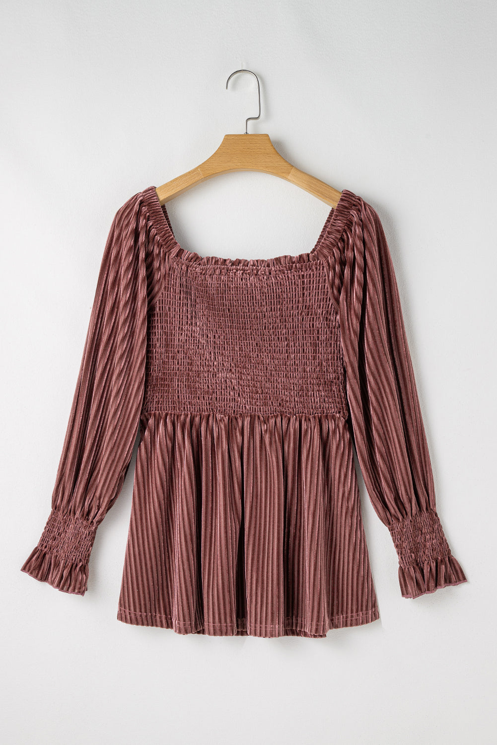 Chestnut Smocked Ribbed Velvet Babydoll Top