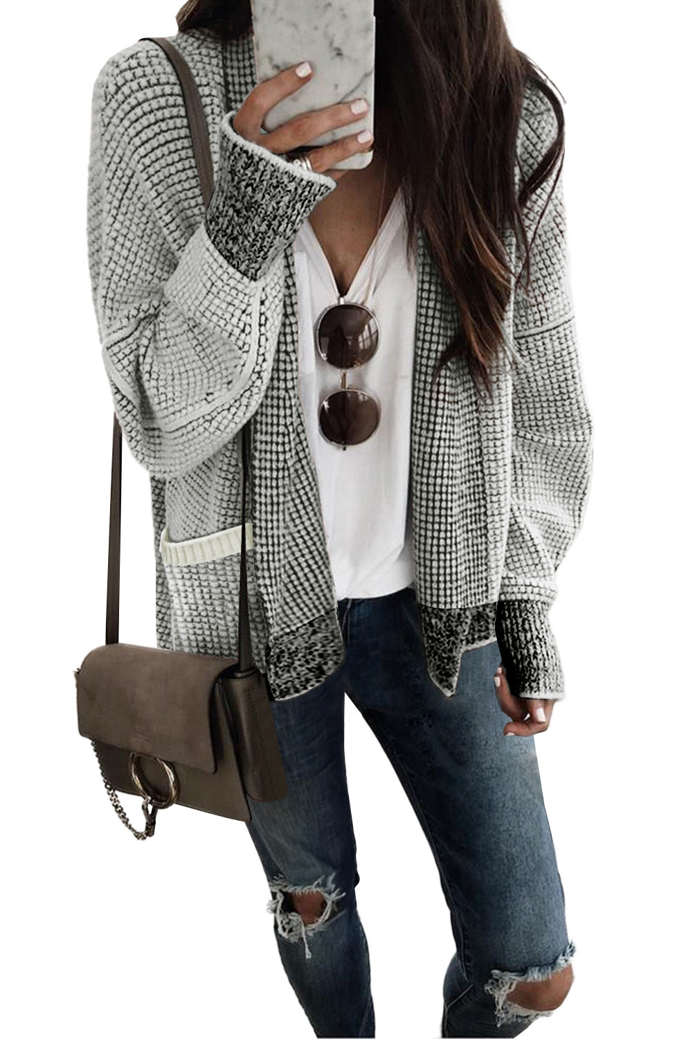 Gray Plaid Knitted Long Open Front Cardigan