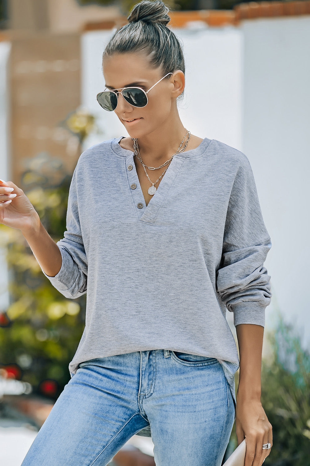 Black Buttoned V Neck Cotton Loose Fit Top