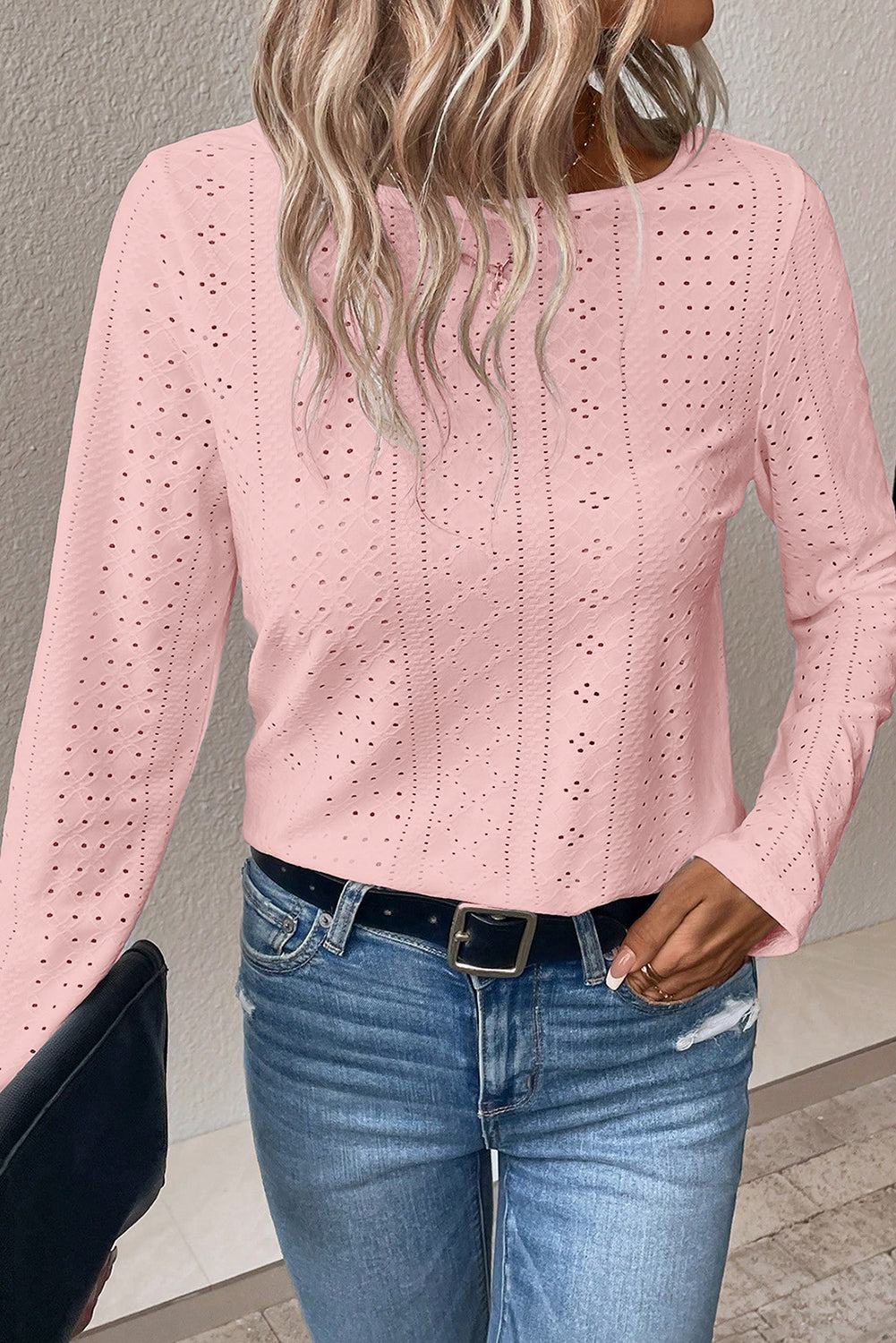 White Floral Lace Splicing Eyelet Long Sleeve Top