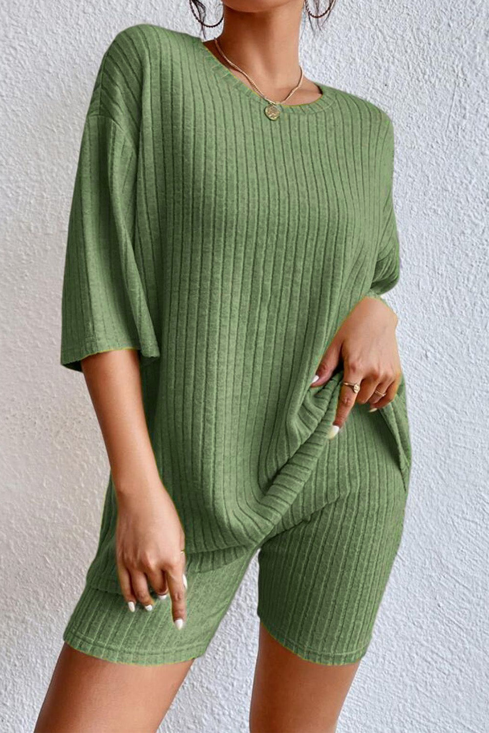 Parchment Plus Size Ribbed V Neck Pullover and Pants Set