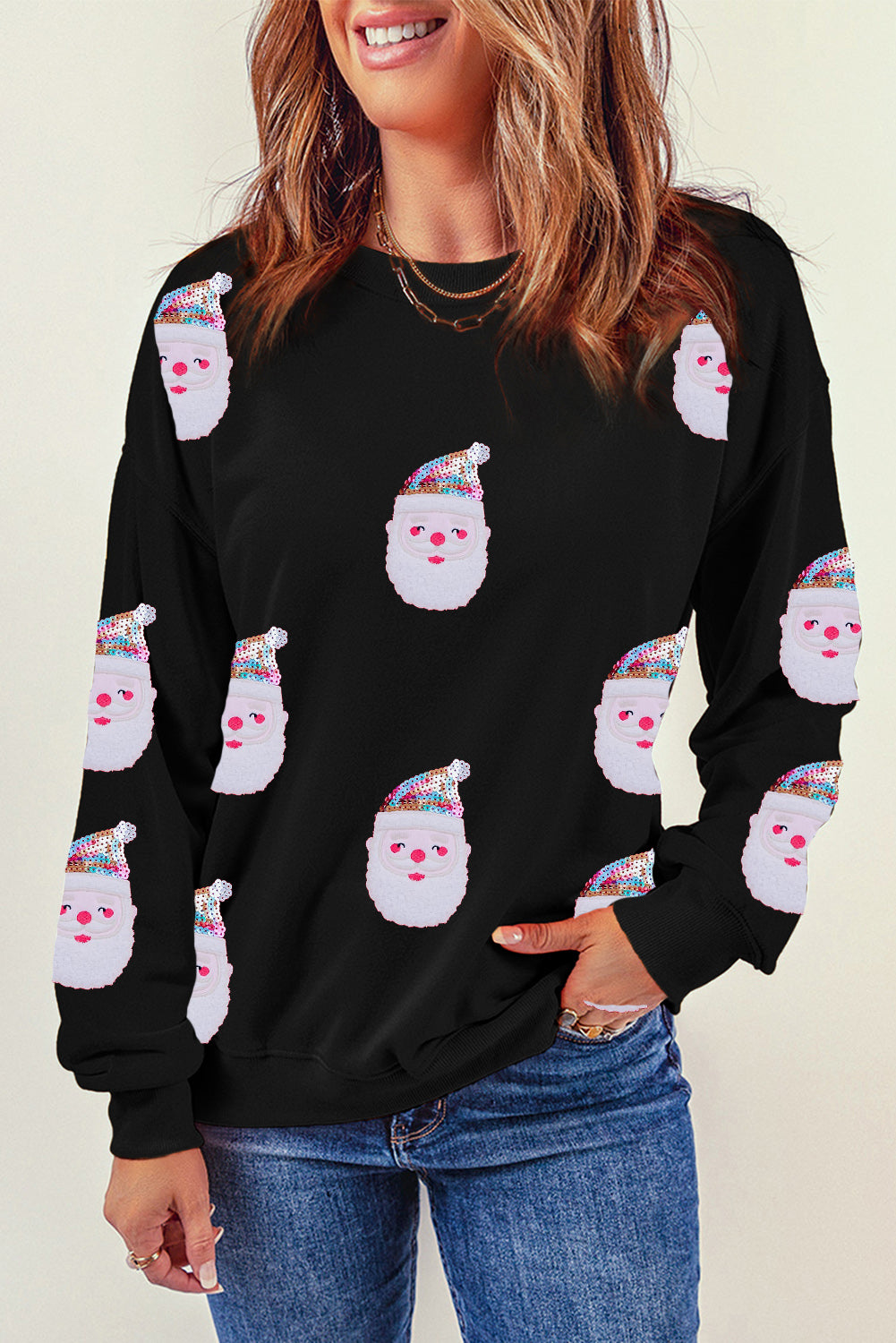 Red Christmas Santa Claus Print Drop Shoulder Sweatshirt