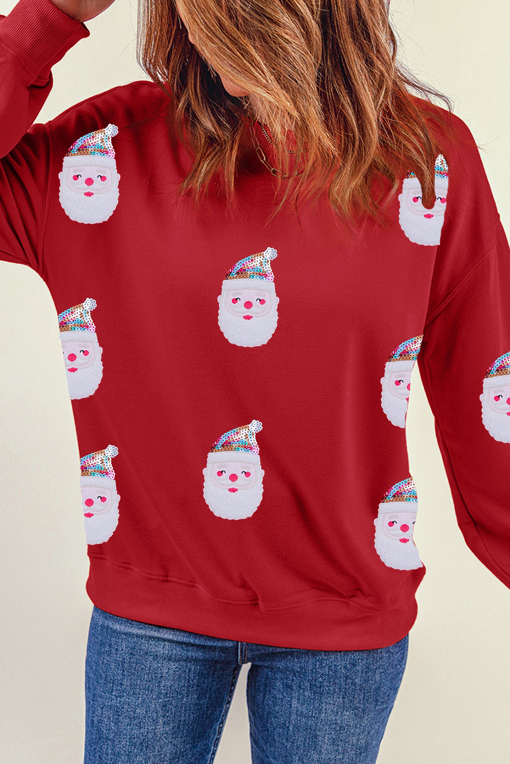 Red Christmas Santa Claus Print Drop Shoulder Sweatshirt