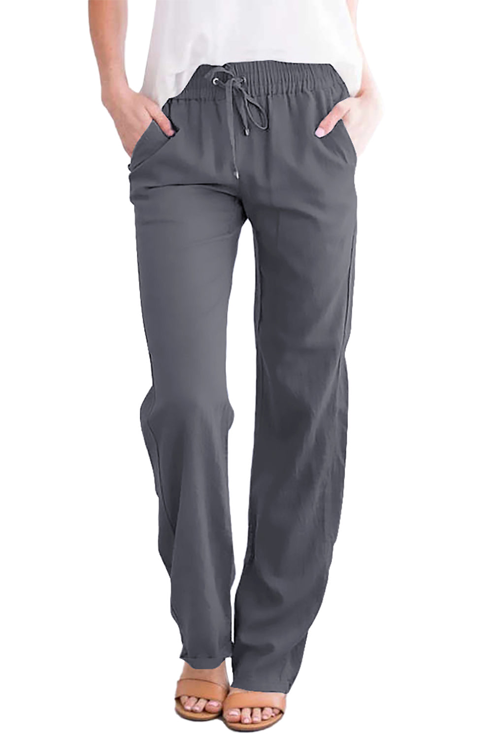 Gray Drawstring Elastic Waist Pockets Long Straight Legs Pants