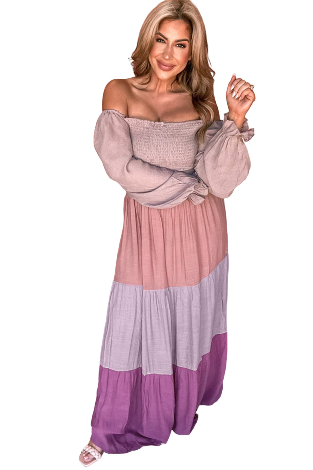 Multicolour Smocked Bubble Sleeve Colorblock Tiered Maxi Dress