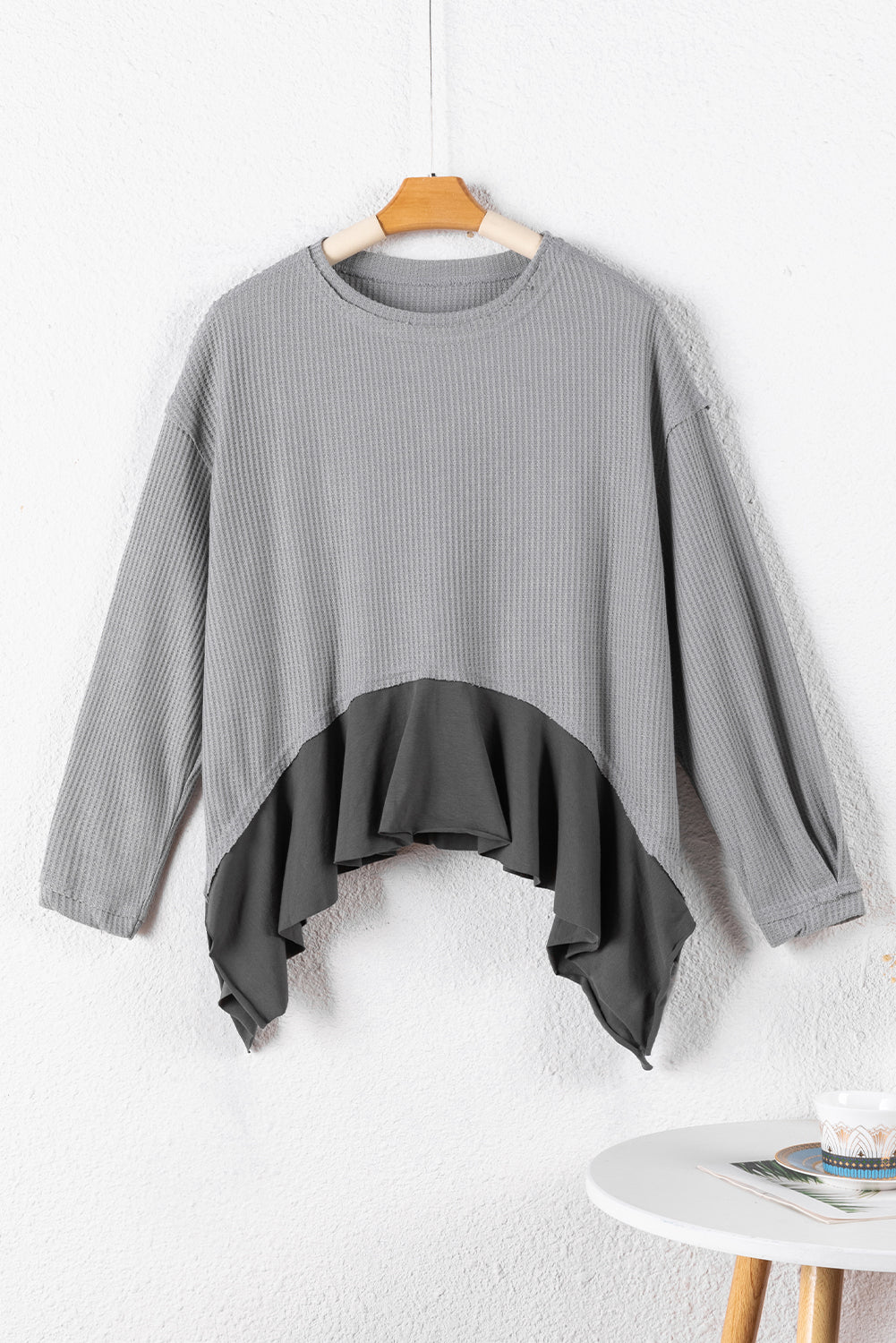 Medium Grey Waffle Long Sleeve Ruffled Patchwork Top