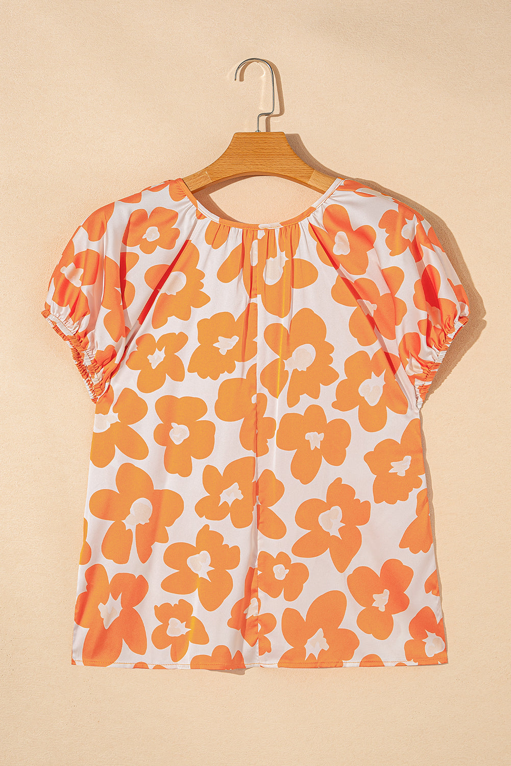 Orange Satin Floral Puff Sleeve Tied Split Neck Top