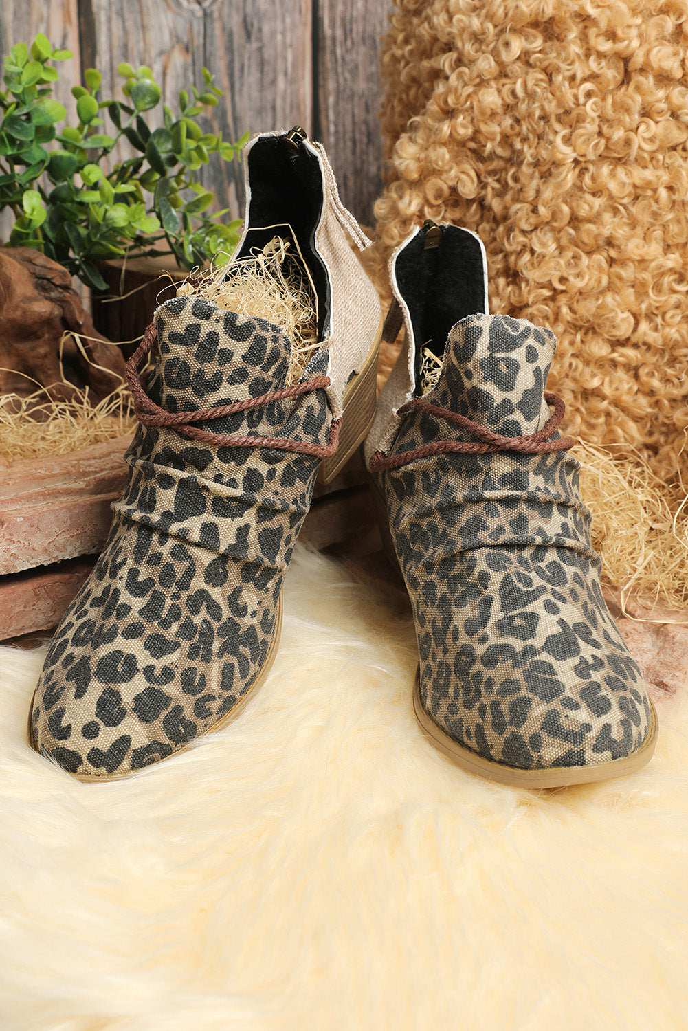 Leopard Retro Canvas Patchwork Chunky Heel Booties
