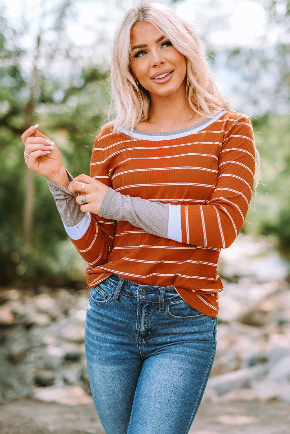 Blue Extend Color Block Cuffs Rib Knit Striped Pullover