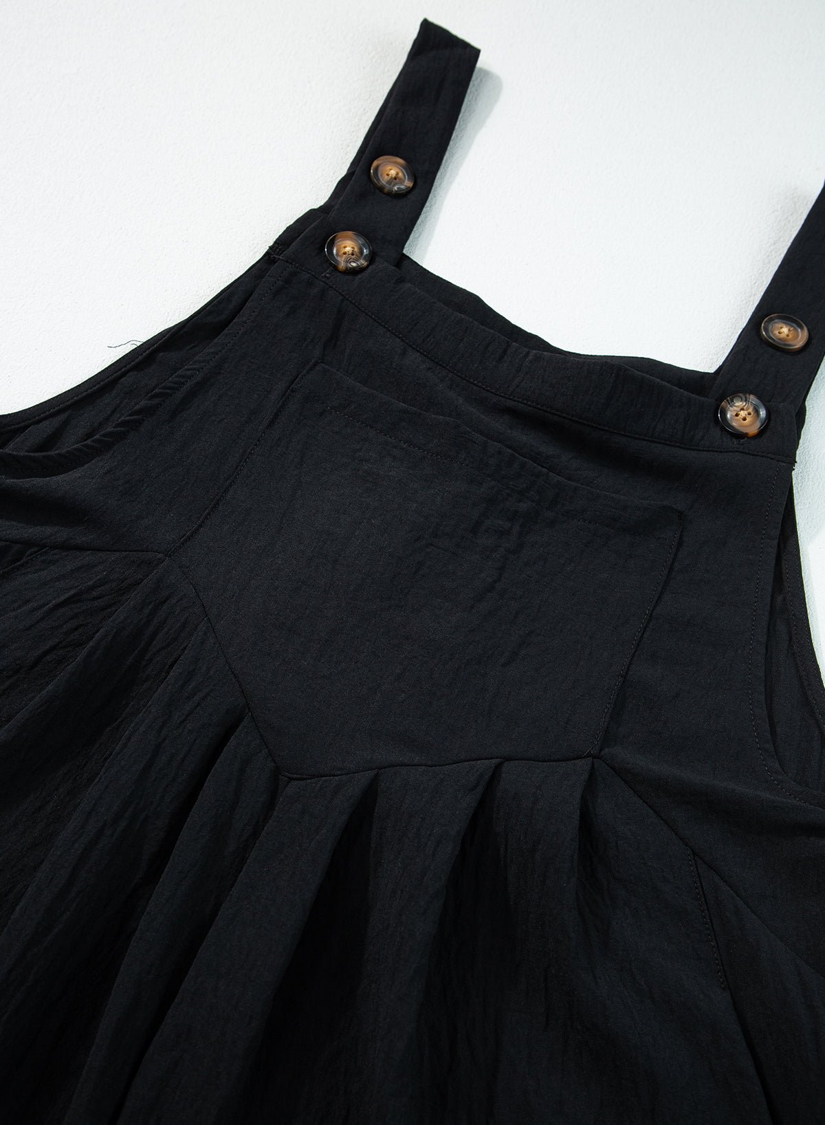 Black Buttoned Straps Crinkled Wide Leg Pocketed Overalls