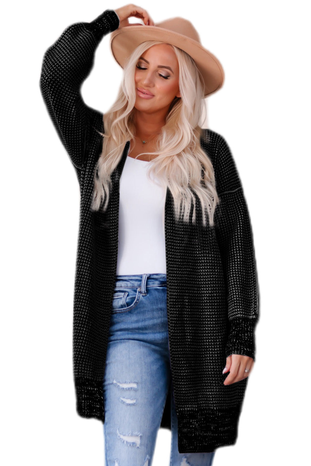 Gray Plaid Knitted Long Open Front Cardigan