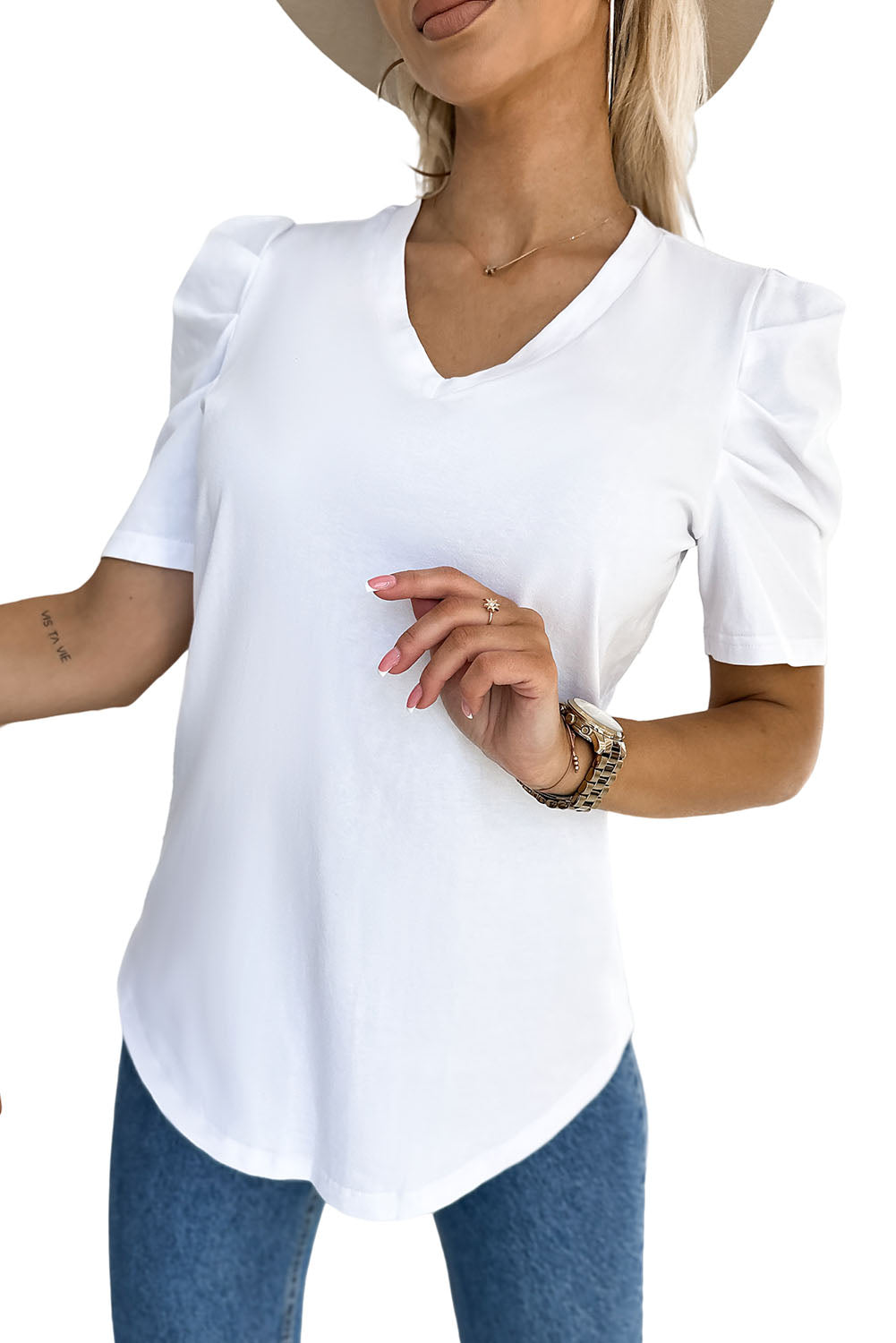 White Sequin Bow Patched Puff Sleeve T Shirt