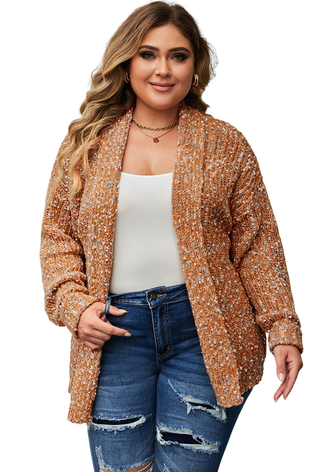 Chicory Coffee Open Front Knit Plus Size Cozy Cardigan