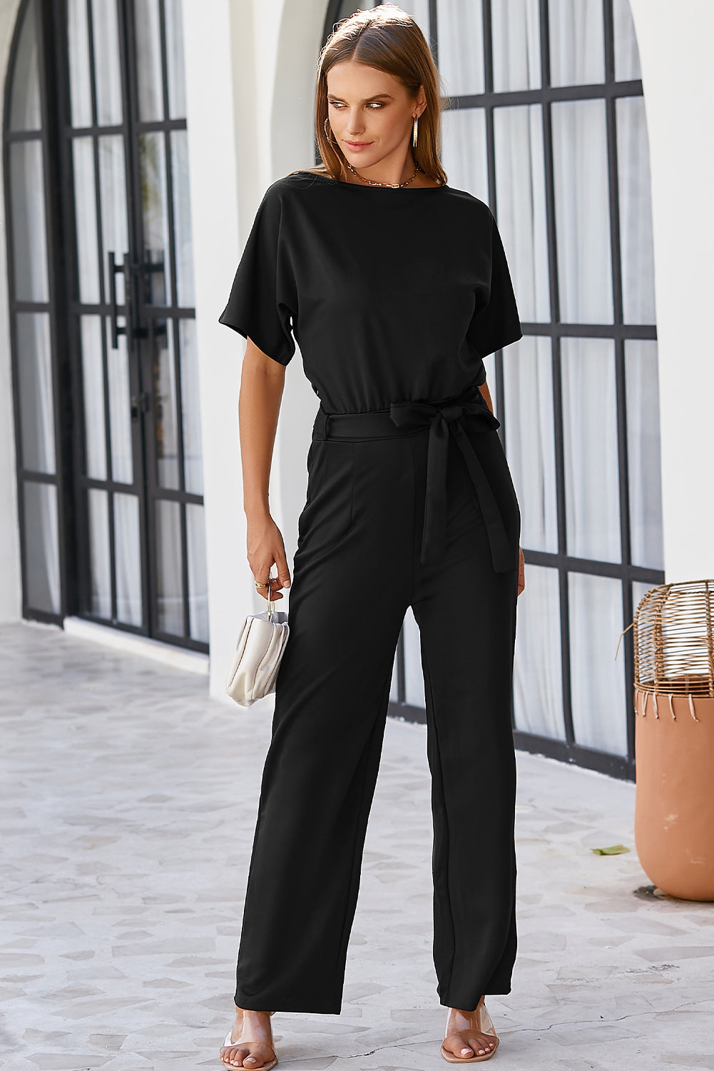 Red Belted Wide Leg Jumpsuit