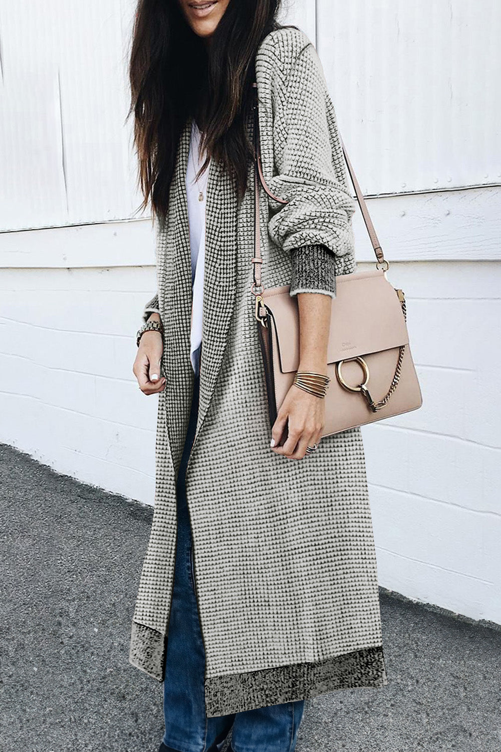 Gray Plaid Knitted Long Open Front Cardigan