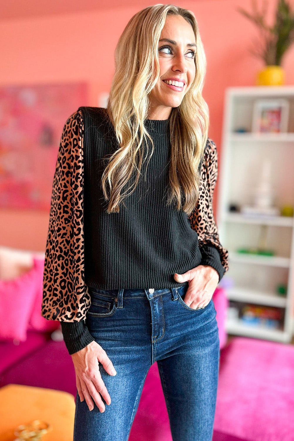 Apricot Leopard Print Long Sleeve Ribbed Knit Blouse