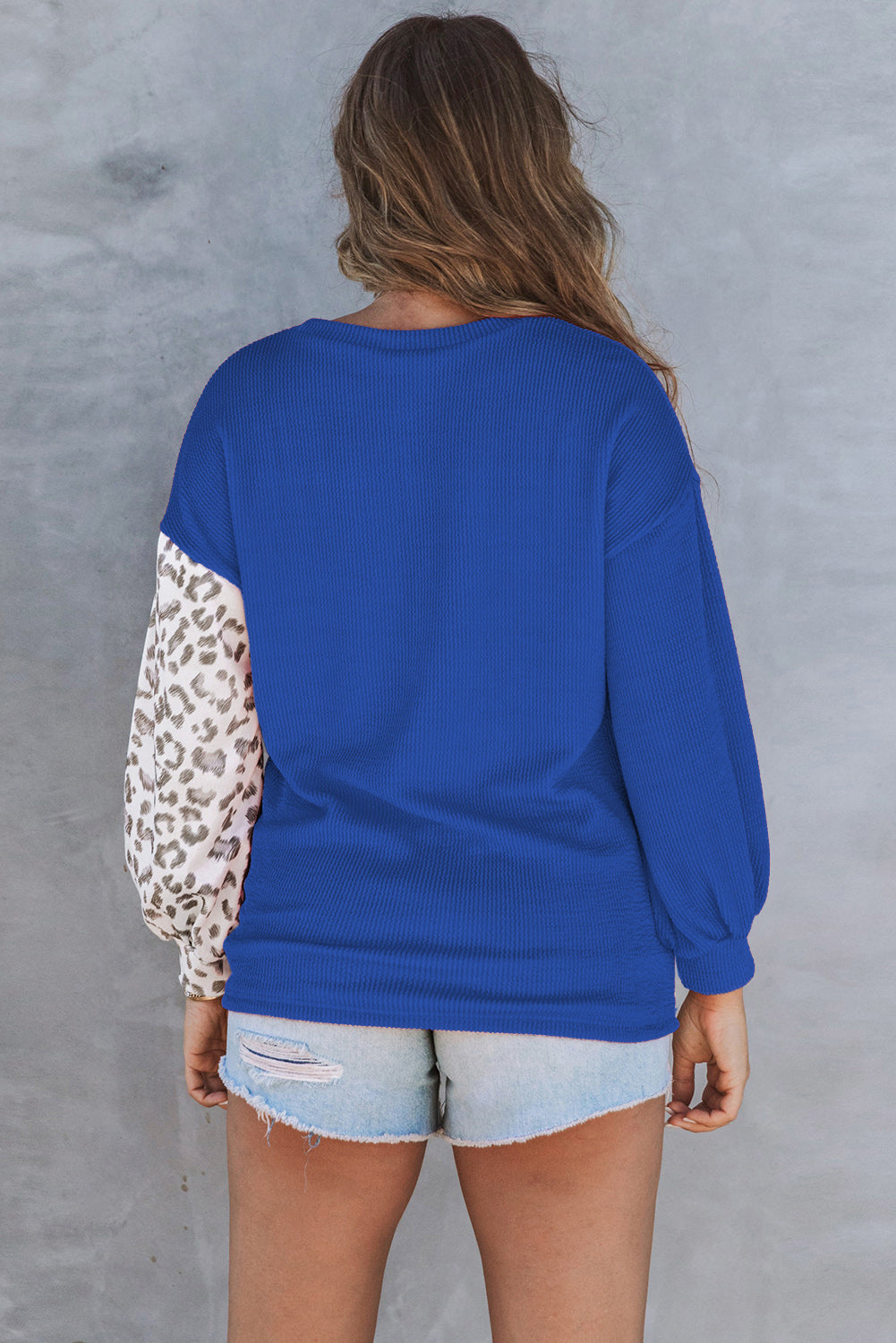 Khaki Leopard Patchwork Color Block Ribbed Long Sleeve Top