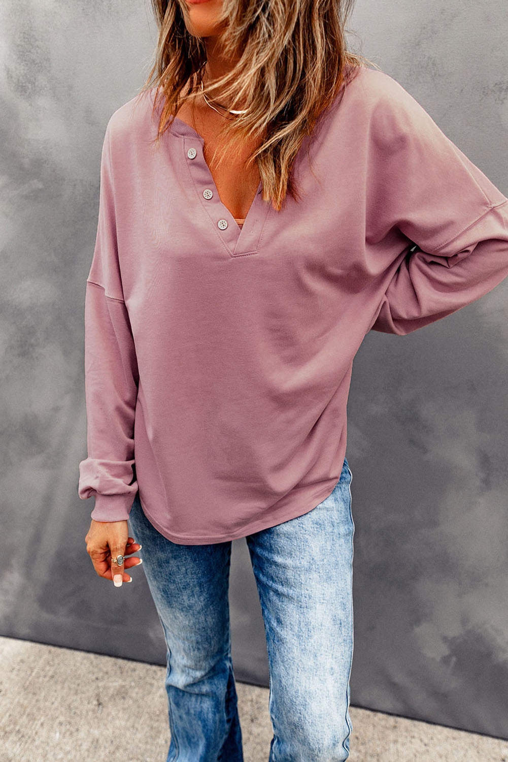 Black Buttoned V Neck Cotton Loose Fit Top