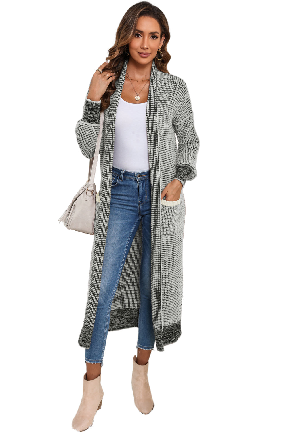 Gray Plaid Knitted Long Open Front Cardigan