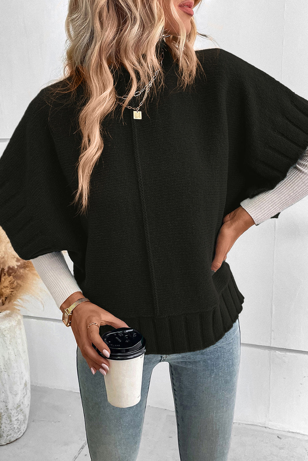 Desert Palm Mock Neck Batwing Short Sleeve Knit Sweater