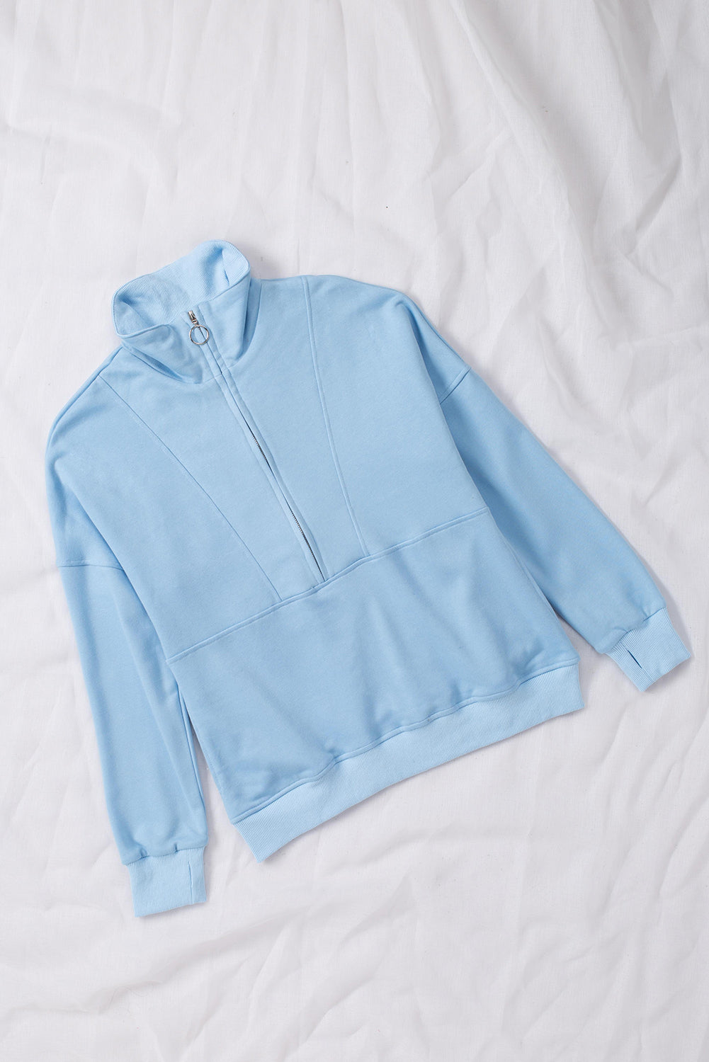 Gray Solid Color Zip Collar Sweatshirt with Pockets