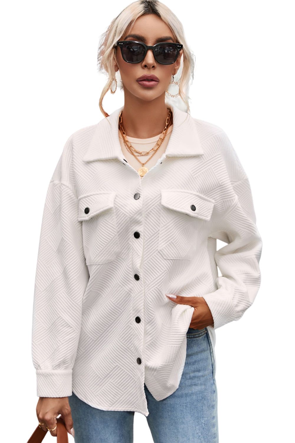 Beige Plus Size Textured Flap Pockets Jacket