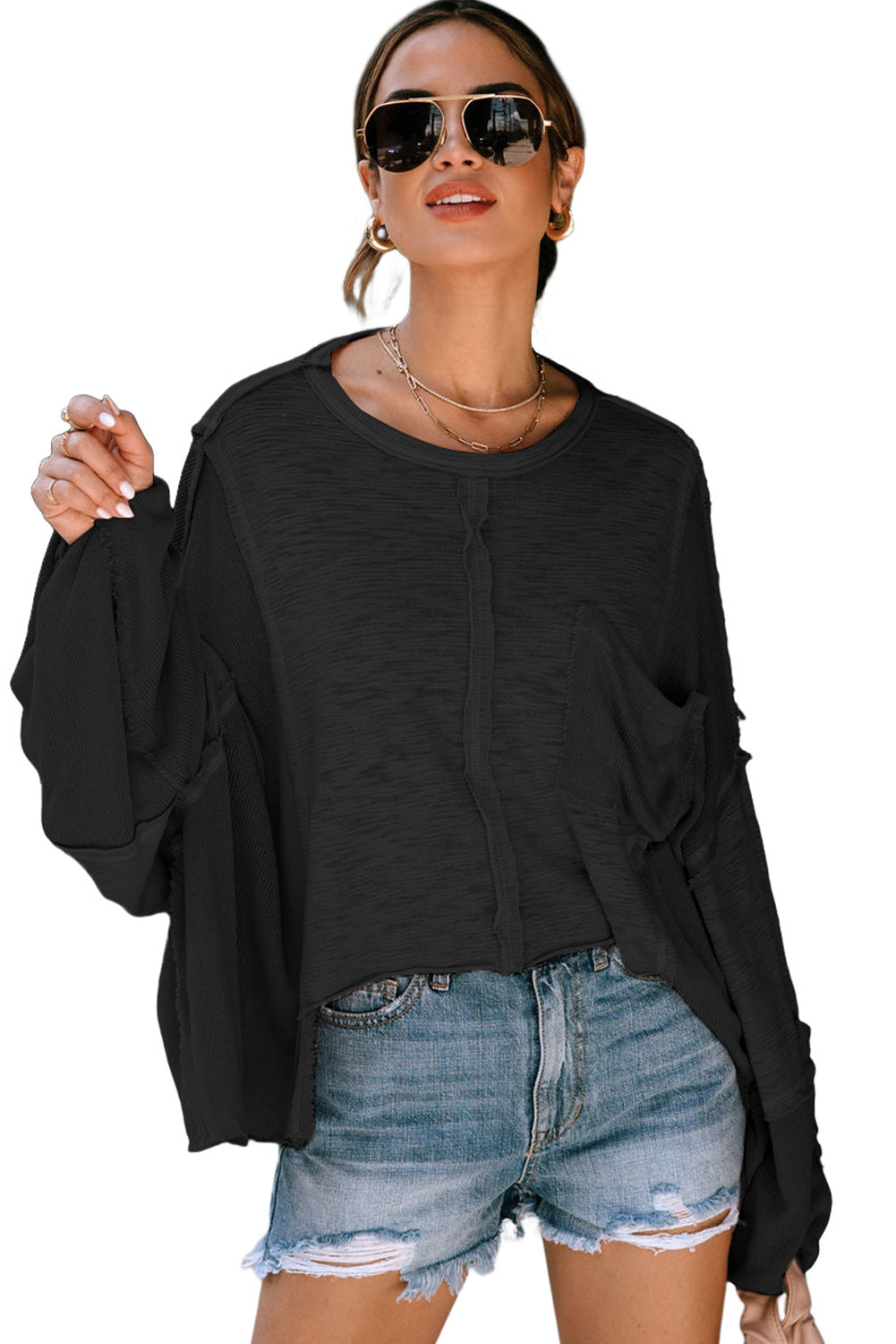 Green Exposed Seam Chest Pocket Loose Sleeve Oversized Top