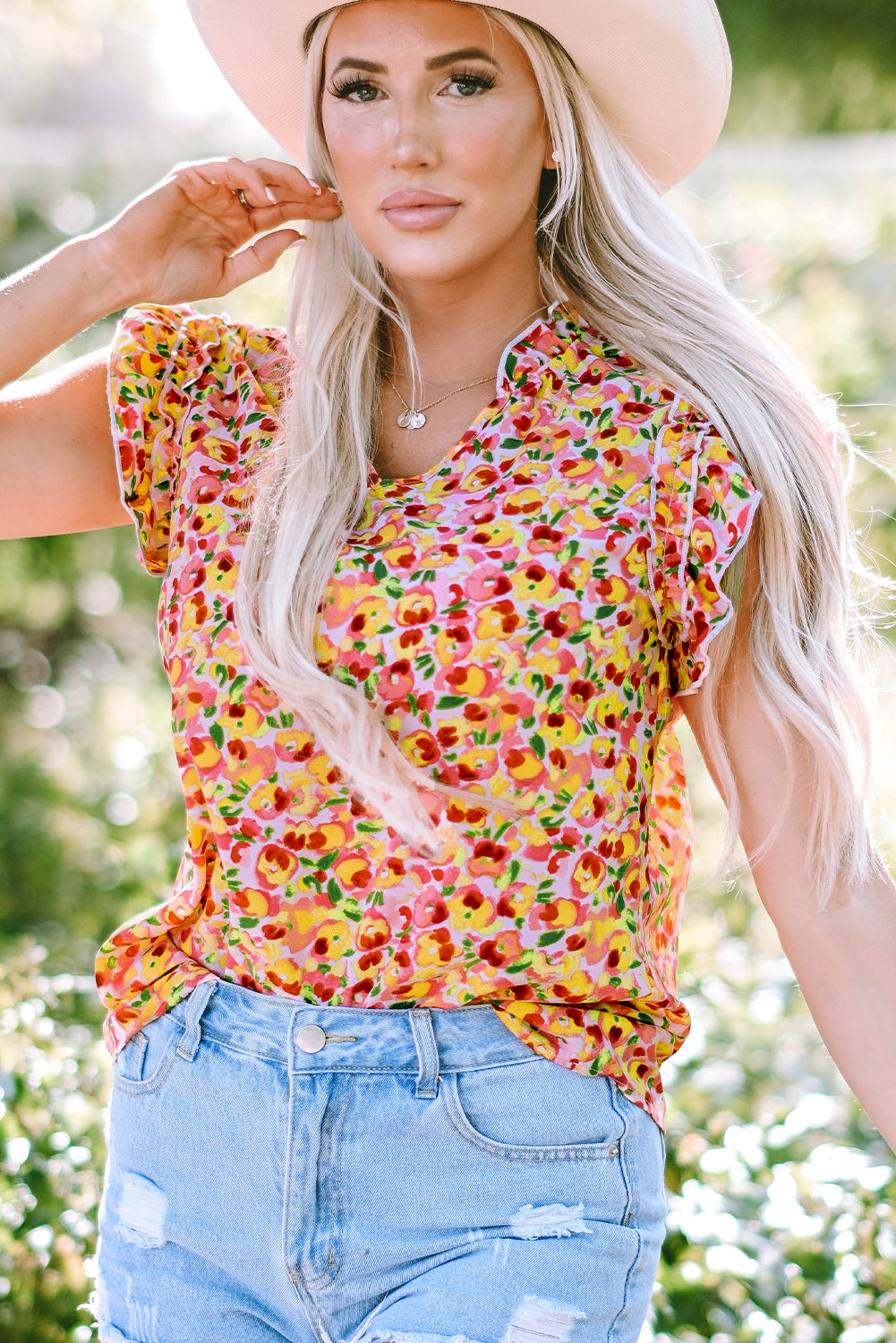 Yellow Floral Print Flutter Sleeve V Neck Tank Top