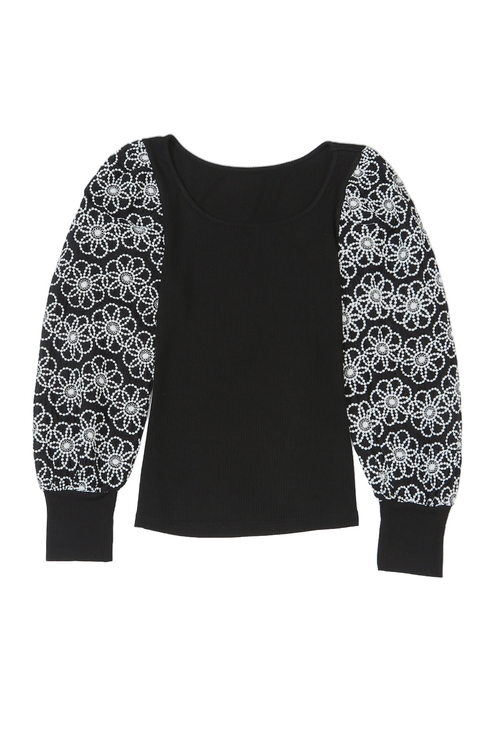 Black Plus Size Daisy Embroidered Puff Sleeve Ribbed Knit Top