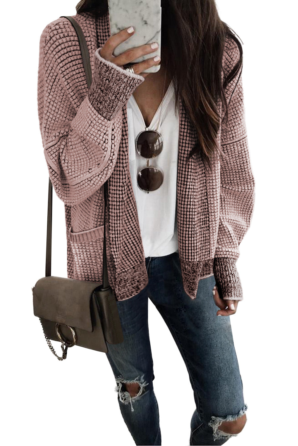 Gray Plaid Knitted Long Open Front Cardigan