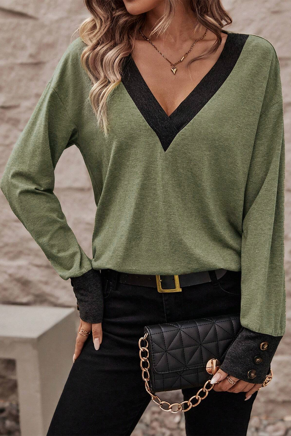 Khaki Contrast V Neck Button Cuffed Long Sleeve Top