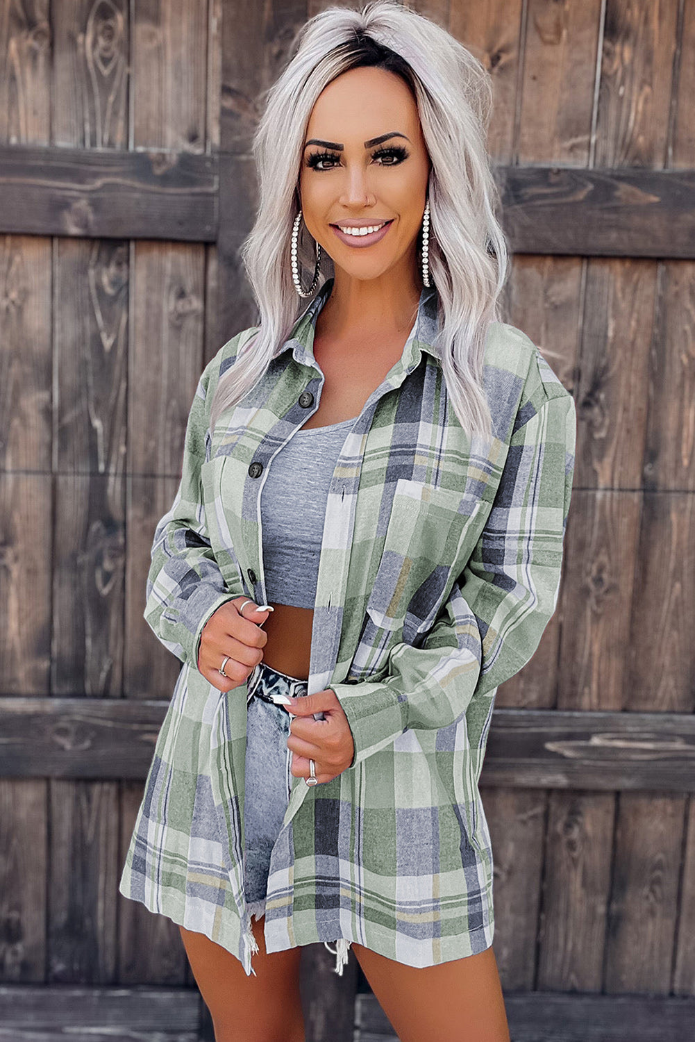 Green Printed Plus Size Chest Pocket Plaid Shirt