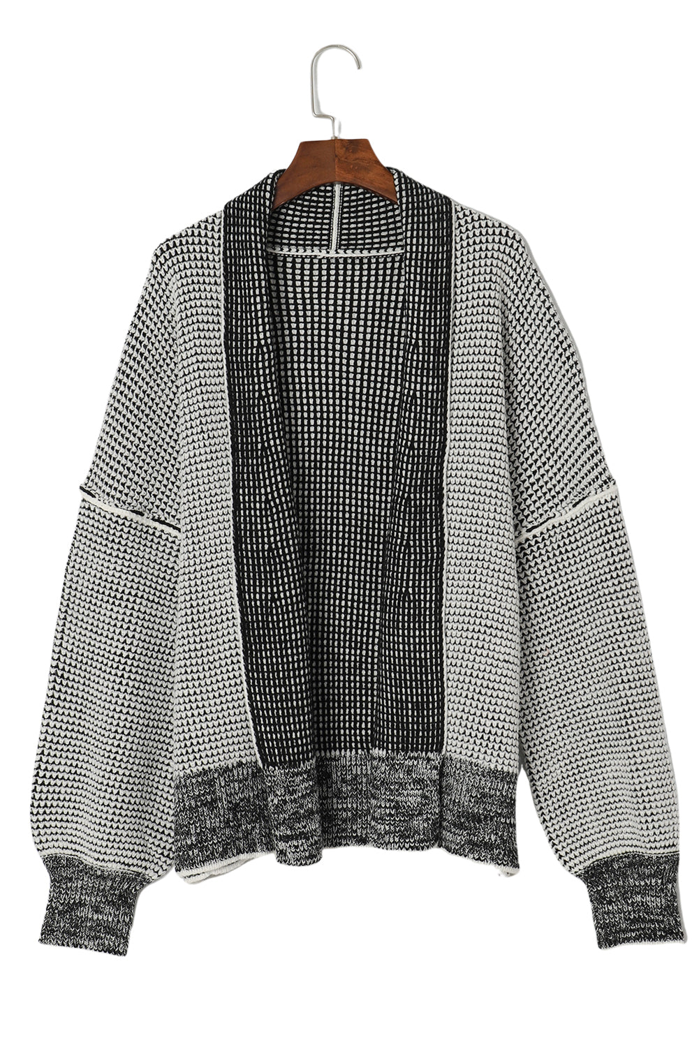 Gray Plaid Knitted Long Open Front Cardigan