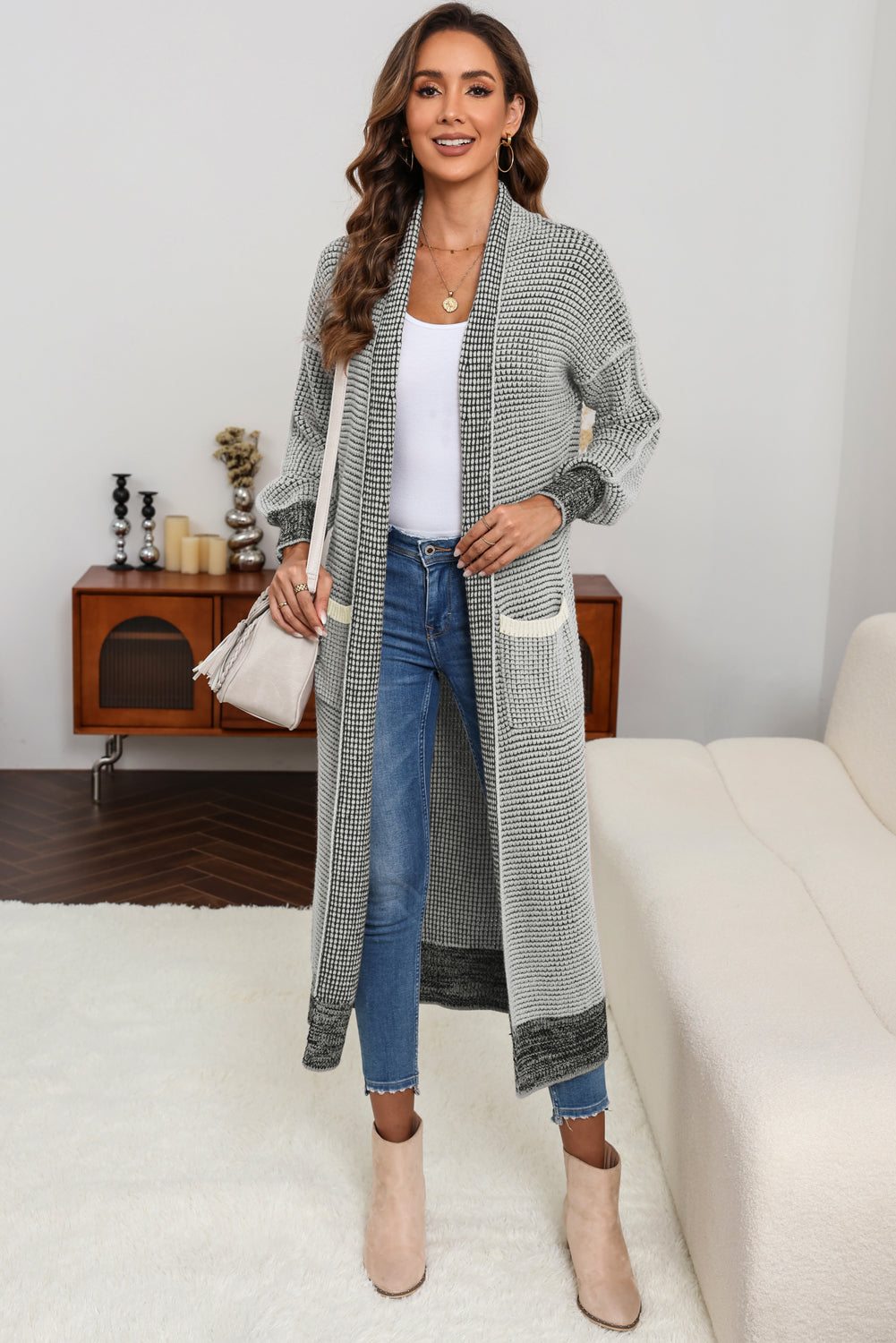 Gray Plaid Knitted Long Open Front Cardigan