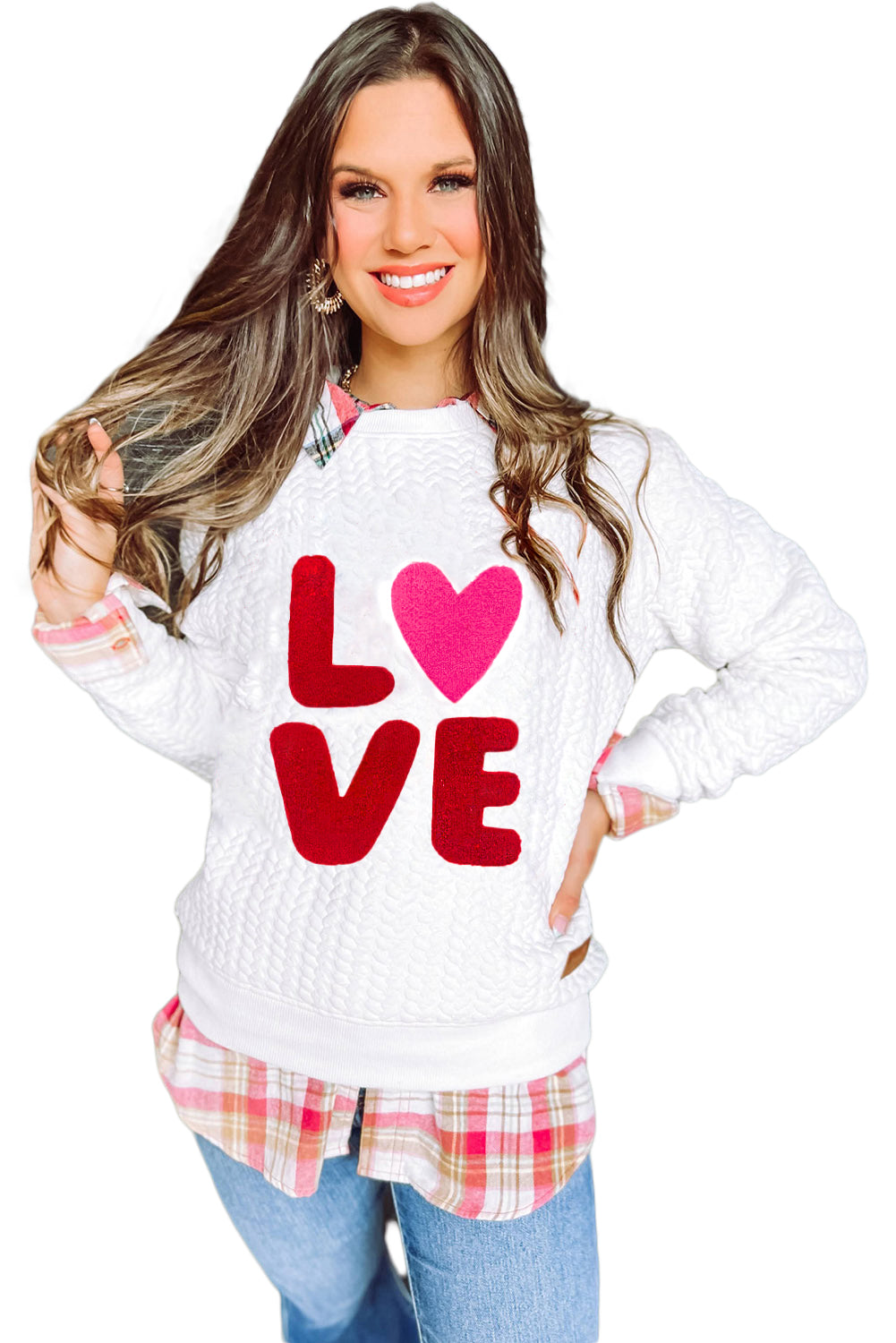 Racing Red Heart XOXO Chenille Embroidered Textured Sweatshirt