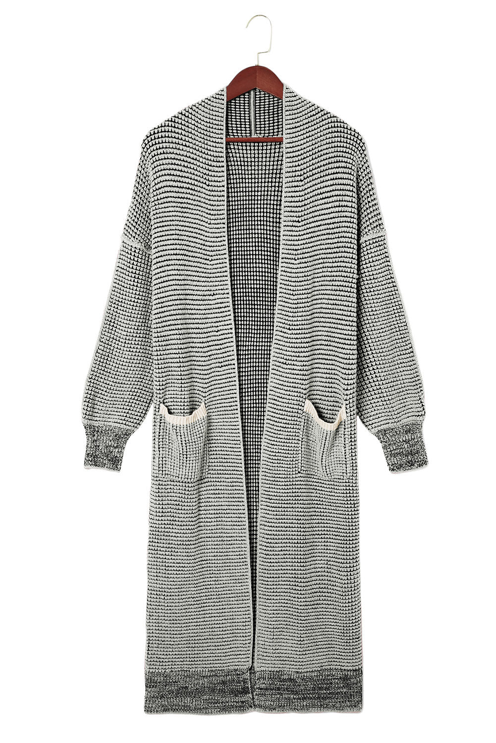 Gray Plaid Knitted Long Open Front Cardigan