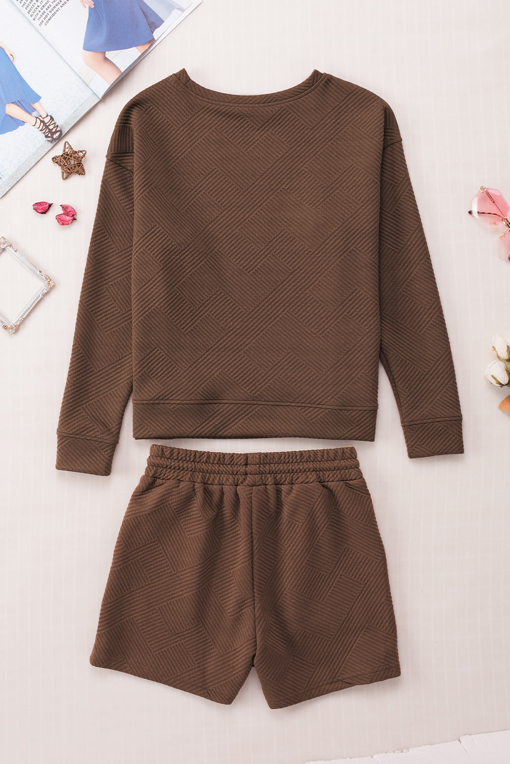 Multicolour Contrast Sleeve Color Block Pullover Shorts Textured Outfit