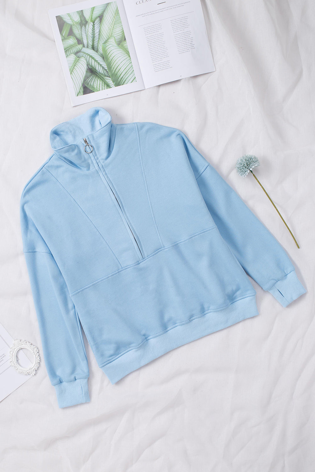 Gray Solid Color Zip Collar Sweatshirt with Pockets