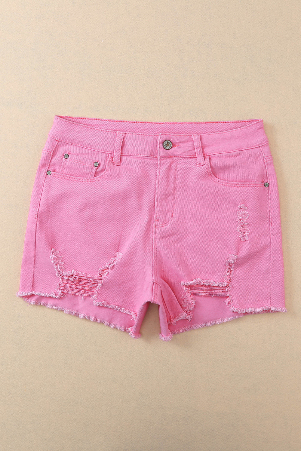 White Solid Color Distressed Denim Shorts