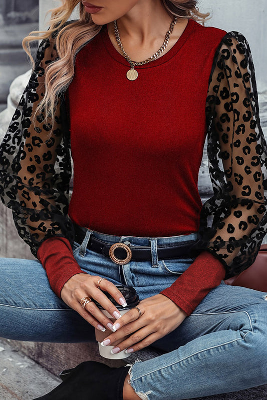 Red Dahlia Leopard Mesh Puff Sleeve Patchwork Slim Fit Top
