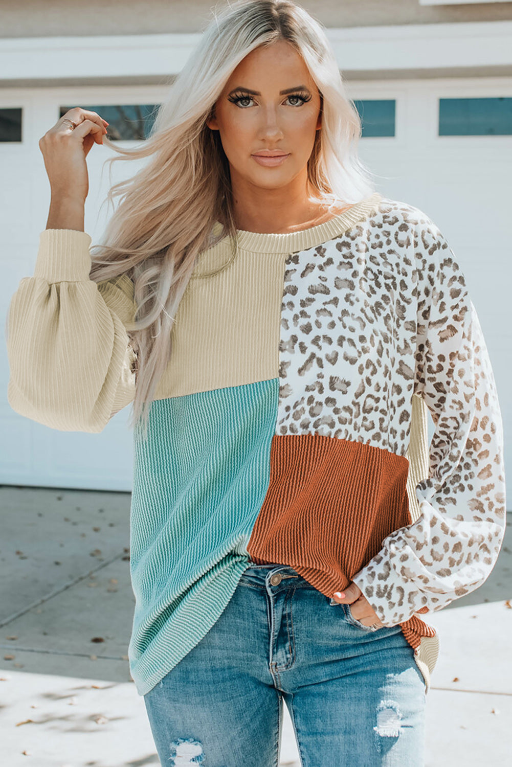 Khaki Leopard Patchwork Color Block Ribbed Long Sleeve Top