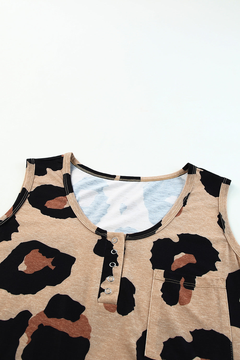 Leopard Button Neck Chest Pocket Tank Top