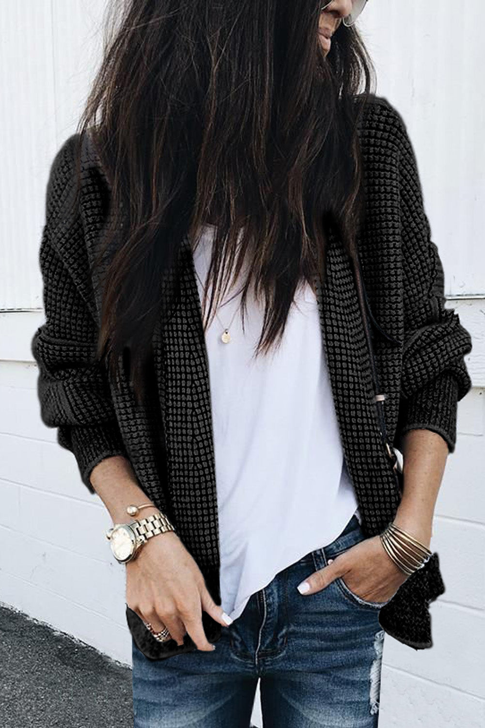 Gray Plaid Knitted Long Open Front Cardigan