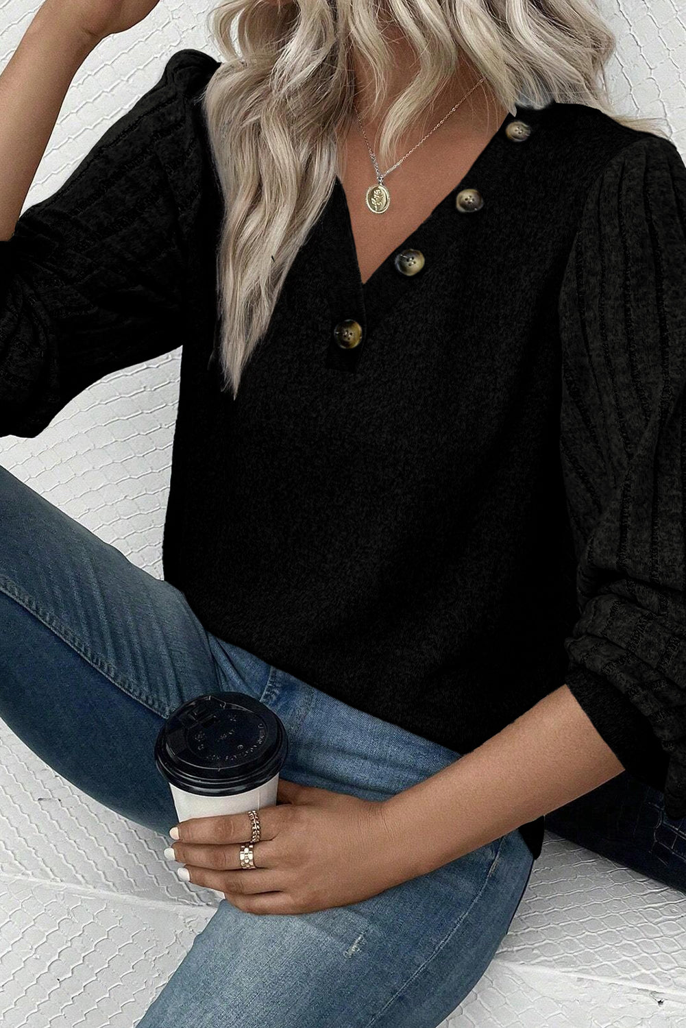 Gray Ribbed Splicing Sleeve Round Neck T-shirt