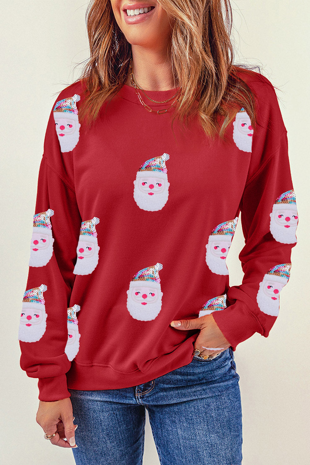 Red Christmas Santa Claus Print Drop Shoulder Sweatshirt