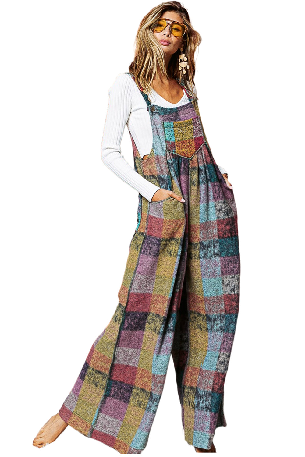 Multicolour Brushed Checkered Wide Leg Overalls