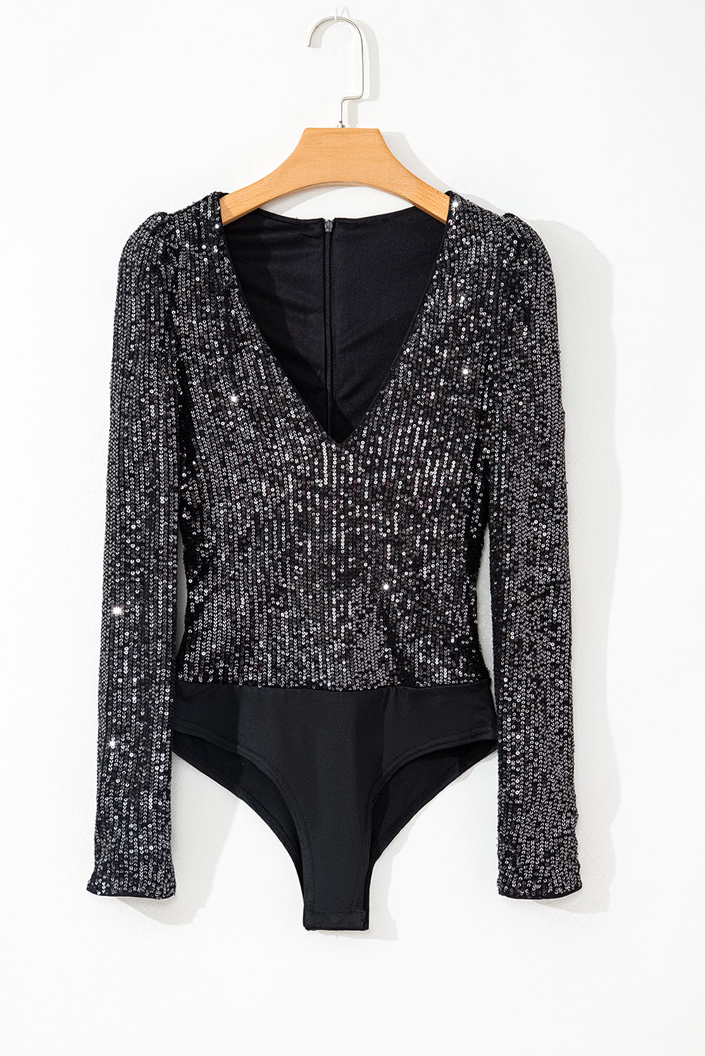 Black Sequin V Neck Zipped Long Sleeve Bodysuit