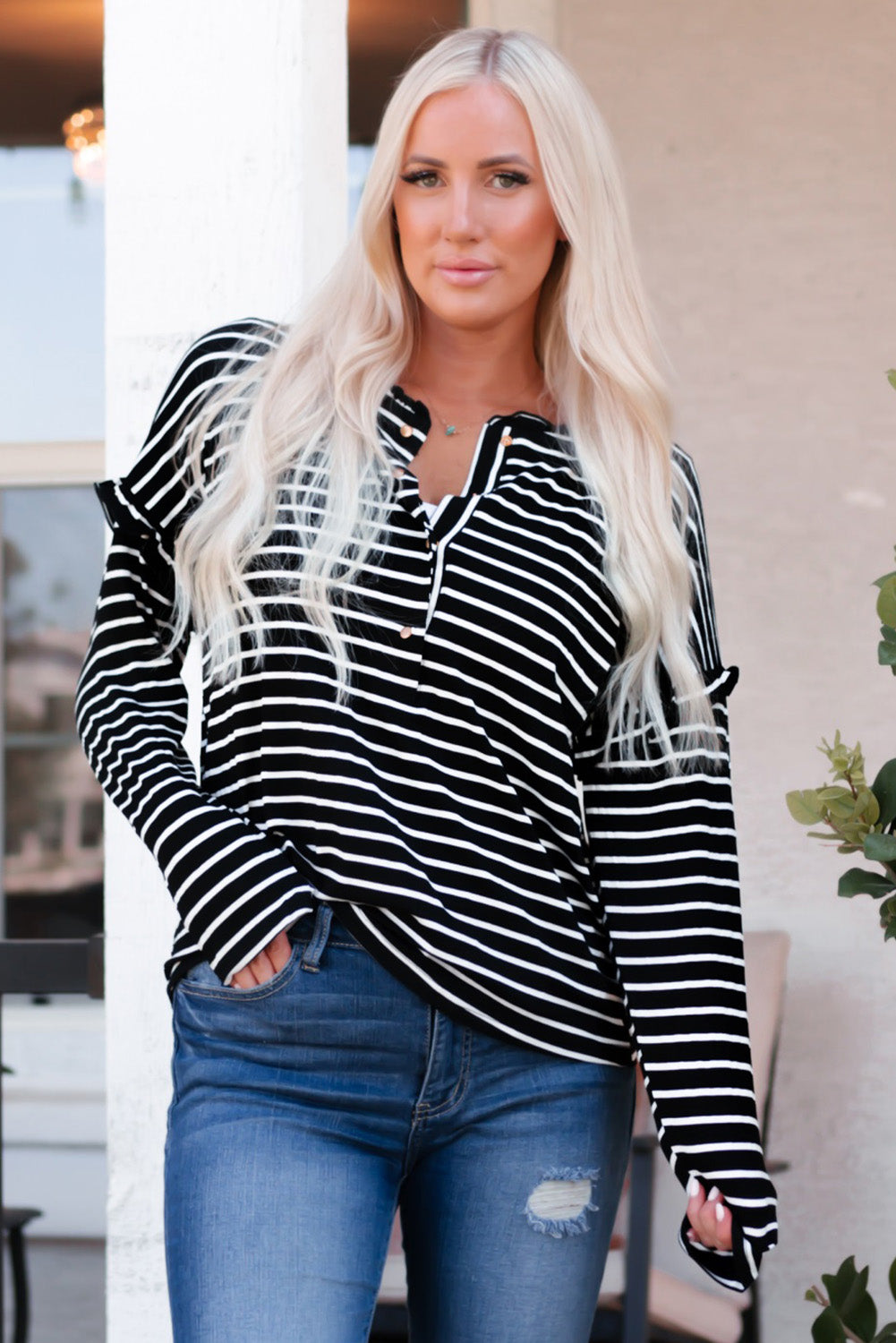 White Striped Print Ruffled Buttoned Long Sleeve Top